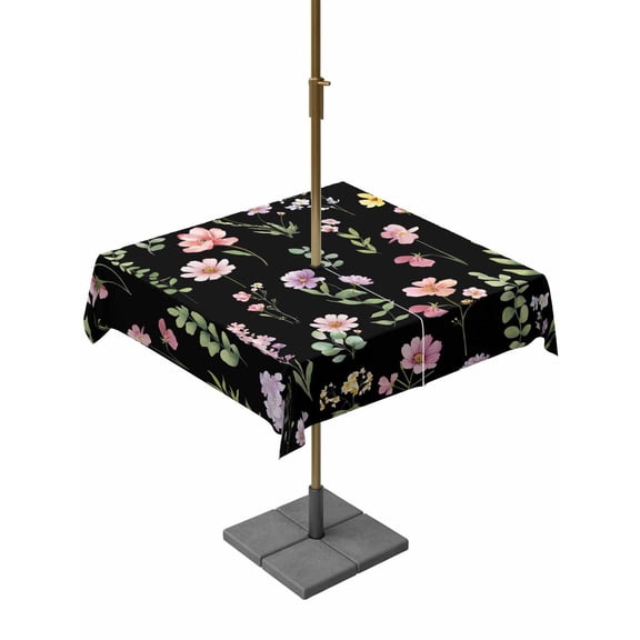 Outdoor Tablecloth with Umbrella Hole and Zipper, Pink Spring Floral Square Table Cloth 60x60 Inch Waterproof Tablecloth, Flowers Botanical Elegant Pastoral Black Picnic Table Cover for Patio Camping