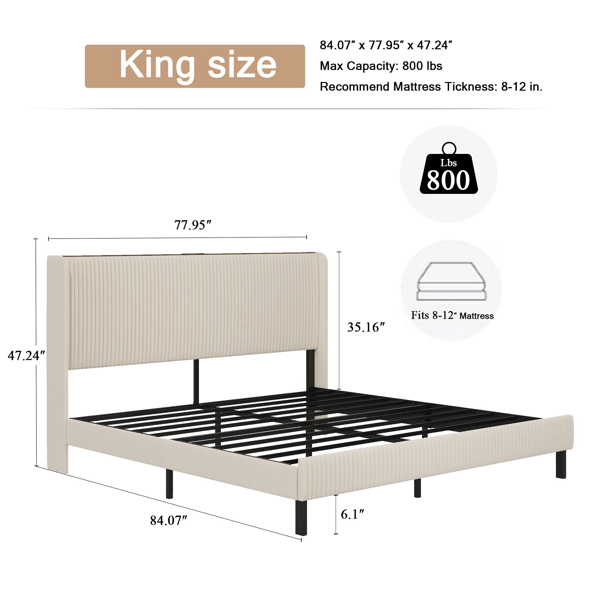 Yoneston King Size Platform Bed Frame with Velvet Upholstered Headboard Storage Shelf and USB Port Charging Station for Bedroom, Beige