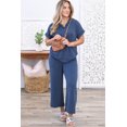 thumbnail image 6 of Plus Size Sail Blue Ribbed V Neck Tee and High Waist Pants Set for Women | [ZhiHiMeRi] | (US 14W-16W)1X, 6 of 12