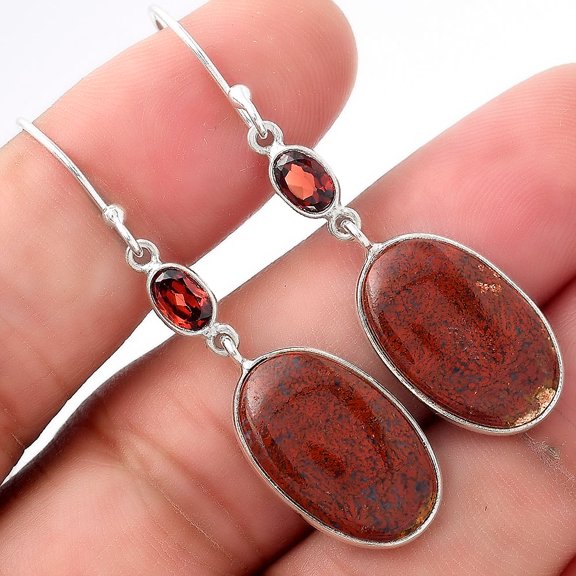 Desiregem Natural Red Moss Agate & Garnet 925 Sterling Silver Adult Women Earrings Jewelry SDE53655