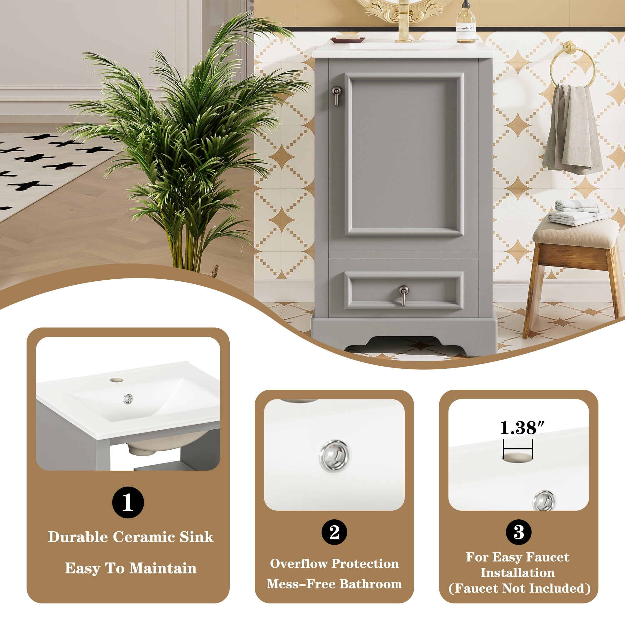 Euroco 20 Inch Bathroom Vanity with Ceramic Sink, Soft Close Door, Adjustable U-Shaped Shelf, Compartment Drawer and Door Storage Rack, Modern Style, Space-Saving Design