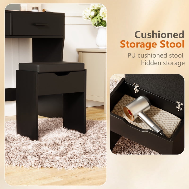 Vineego Vanity Set with Mirror & Light, Makeup Vanity with 2 Drawers, Vanity Desk with Storage Stool for Bedroom, Black
