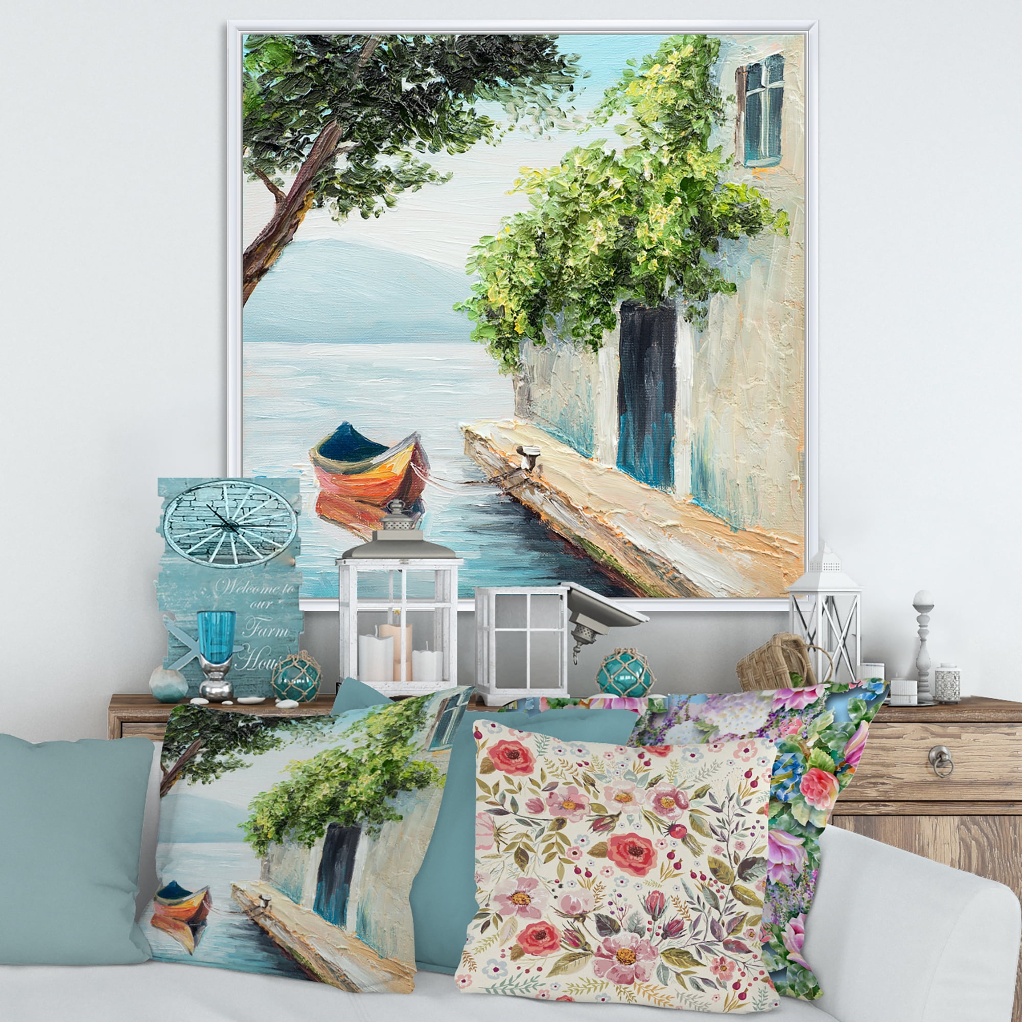 A Beautiful Summer Day With Gondola In Venice 30 in x 30 in Framed Painting Canvas Art Print, by Designart