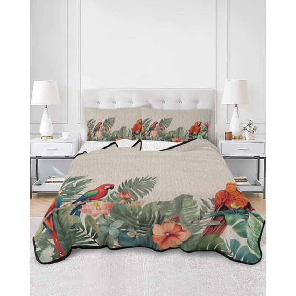 Quilts King Size, Summer Botanical Soft Comforter Bedding Set for Bed, Tropical Plants Birds Farmhouse Lightweight Quilted Bedspread with Pillow Cover(2 Pieces) for All Season, 96x106 Inch