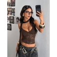 thumbnail image 6 of Women's V-Neck Floral Lace Spaghetti Strap Sheer Sleeveless Backless Cropped Tank Top Brown S, 6 of 8