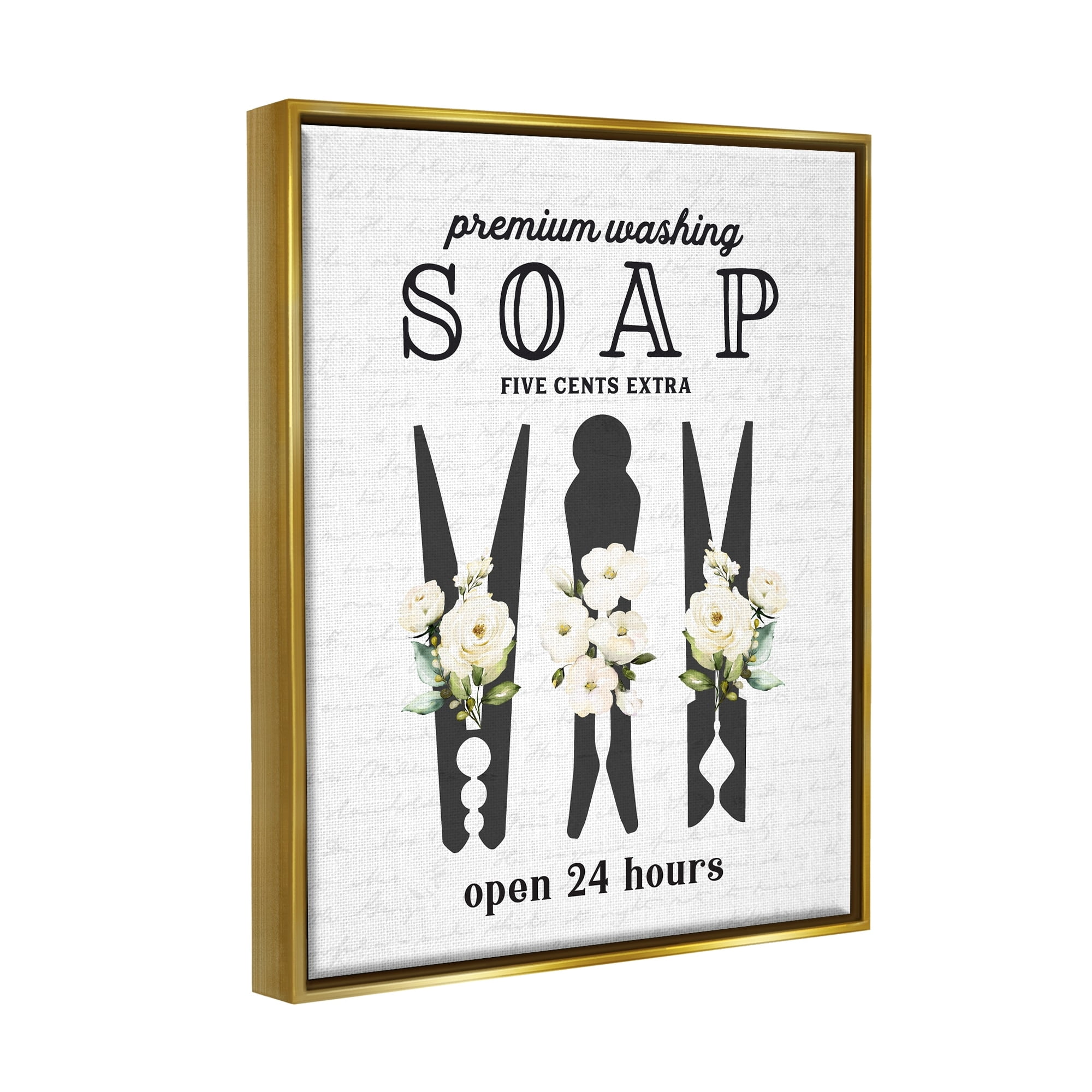 Stupell Industries Floral Clothespin Silhouettes Laundry Room Script Sign Graphic Art Metallic Gold Floating Framed Canvas Print Wall Art, Design by Lettered and Lined