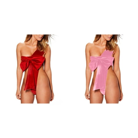 (2-Pack) Kcodviy Red Women Bra and Panties Skirts Festival Bowknot Christmas Backless Plus Size Bodysuit