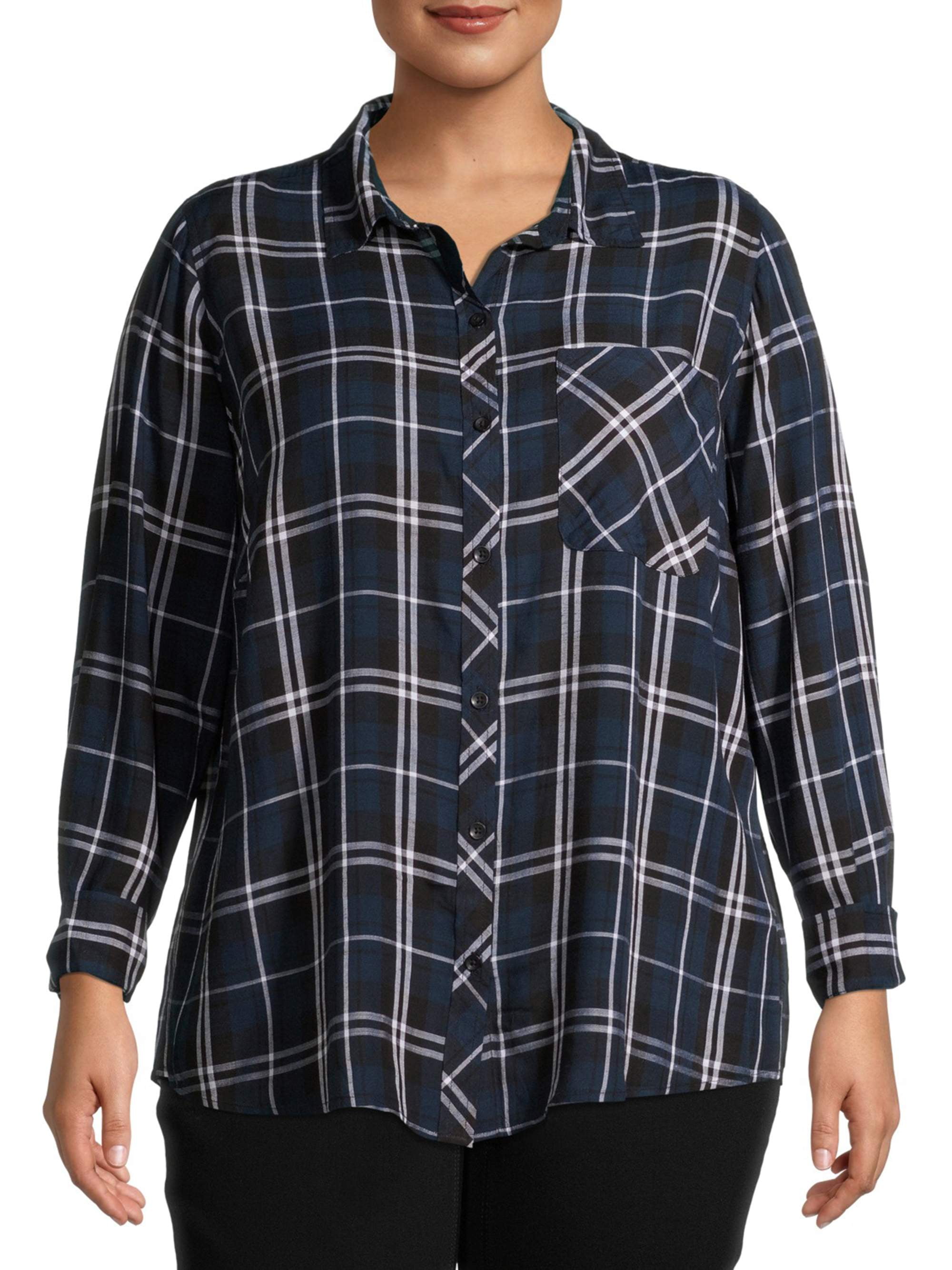 Terra & Sky Women's Plus Size Plaid Pocket Button Down Shirt - Walmart.com