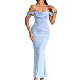 thumbnail image 1 of Vestido Maxi con Hombros Descubiertos, Corsé Fruncido, Ajustado, Vestidos Formales para Invitadas de Boda para Mujeres Azul S, 1 of 8