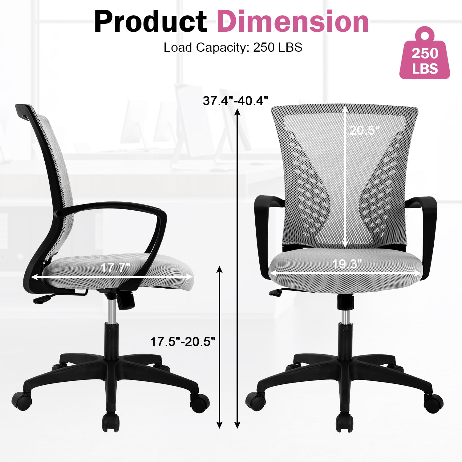 Mid-Back Office Chair, Ergonomic Computer Chair Adjustable Desk Chair with Armrest, Rolling Swivel Chair for Home&Office, Easy to Assemble, Grey