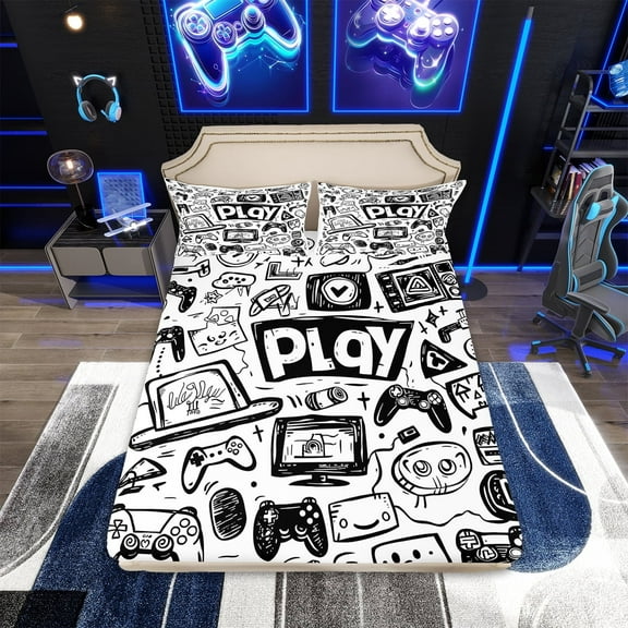 Kids Gaming Bed Sheets Set Twin,Gamer Sheet Set For Boys Girls,Gamepad Video Games Sheets Black White Graffiti Flat Fitted Sheet