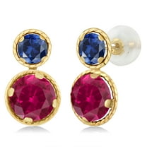 Gem Stone King 14K Yellow Gold Red Created Ruby and Blue Created Sapphire Earrings for Women (2.50 Cttw, Gemstone July Birthstone, Round Cut 6MM and 4MM)