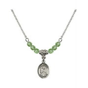 18-Inch Rhodium Plated Necklace with 4mm Green August Birth Month Stone Beads and Saint Isaac Jogues Charm