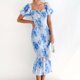 thumbnail image 1 of Vestido De Verano Vestido ajustado a media pierna para mujer Vestido de sirena con estampado floral y mangas abullonadas con volantes (Azul M) Cgtredaw Para estrenar, 1 of 1