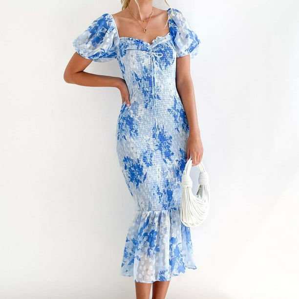Vestido De Verano Vestido ajustado a media pierna para mujer Vestido de sirena con estampado floral y mangas abullonadas con volantes (Azul M) Cgtredaw Para estrenar