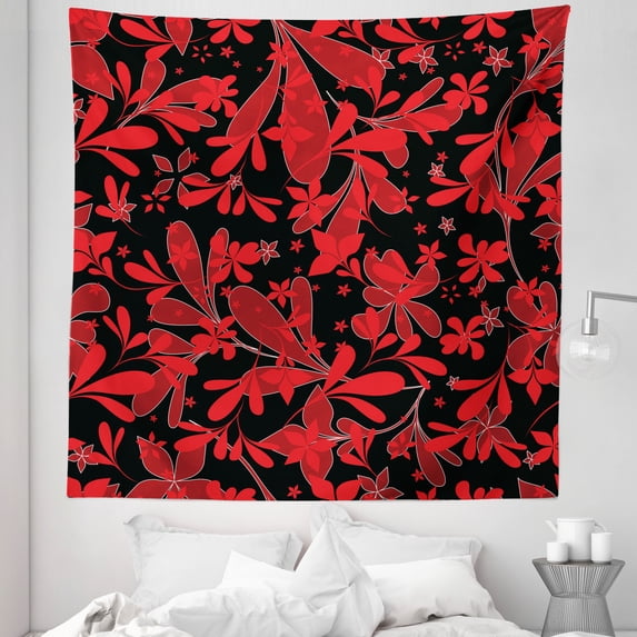 Abstract Tapestry, Design Oceanic Island Flowers Petals Leaves Nature Art Print, Fabric Wall Hanging Decor for Bedroom Living Room Dorm, 5 Sizes, White Black Ruby, by Ambesonne
