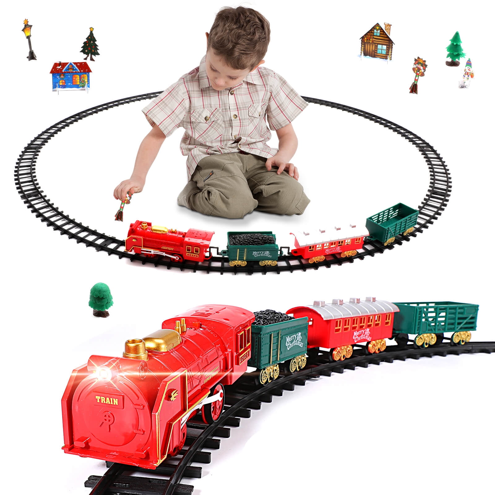 Xayah Classic Train Set, Electric Train Toy W/ Lights & Music, Railway Kits  W/ Locomotive Engine, Cargo Cars & Tracks, Around The Christmas Tree,  Christmas Gifts For Kids Boys Girls (Red) -