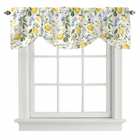 Summer Lemon Tie Up Valance Curtains for Windows, Kitchen Curtains Window Shades, Yellow Botanical Spring Floral Blue Light Filtering Roman Curtain Valances for Bedroom/Bathroom/Cafe 60"x18"
