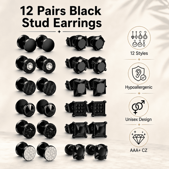 TAVENE 12 Pairs Mens Black Earrings, Stainless Steel Square Cubic Zirconia Stud Earrings Set Hypoallergenic for Multiple Piercing