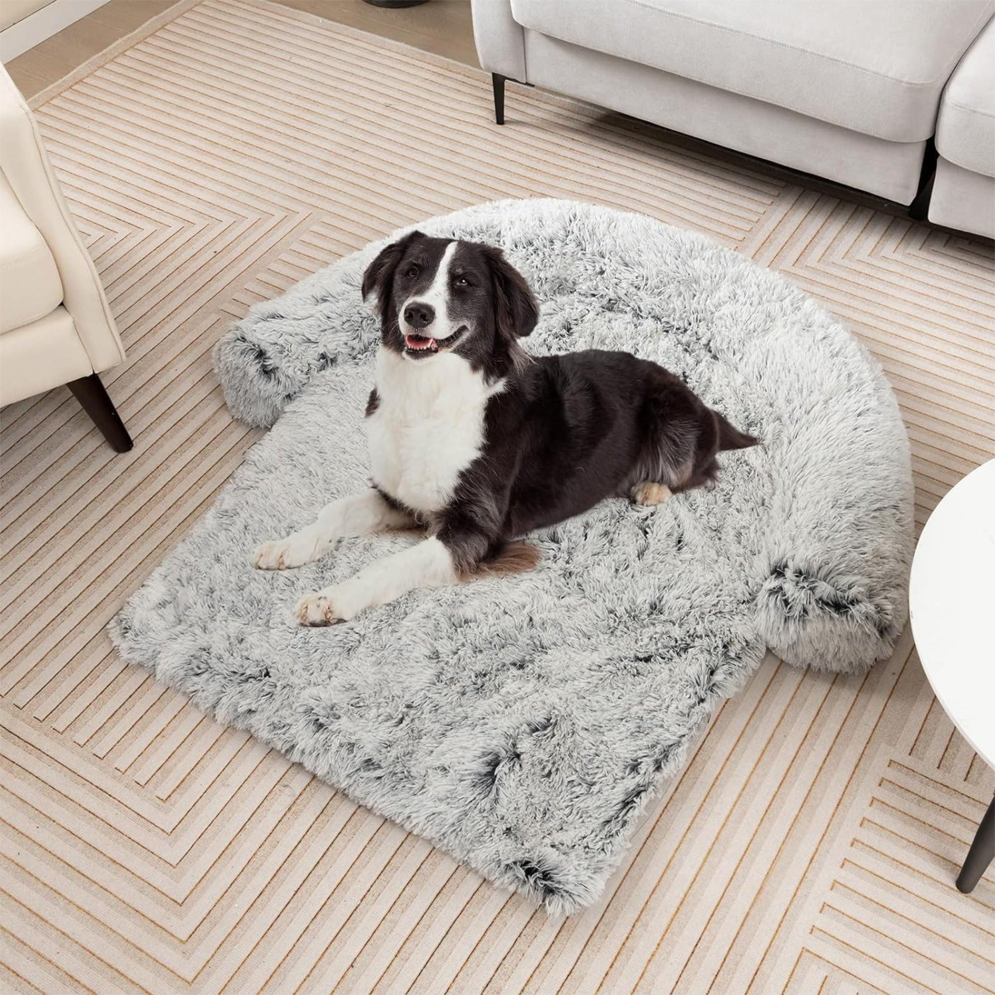 Kadyn 44" Plush Long Fur Dog Couch Bed, Dog Bed Mats with Anti-Slip Bottom, Washable Removable Couch Cover, Perfect for Small, Medium Dogs Cats, Gray-M