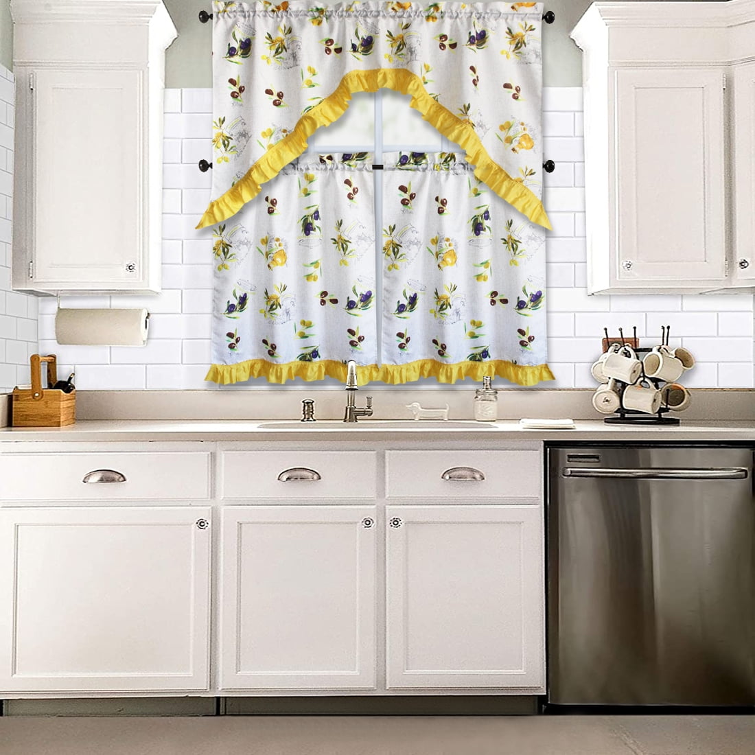 3 PC Kitchen Curtain Swag Set, Fruit Floral Rooster Printed Design Window Panels - Picture 58 of 62