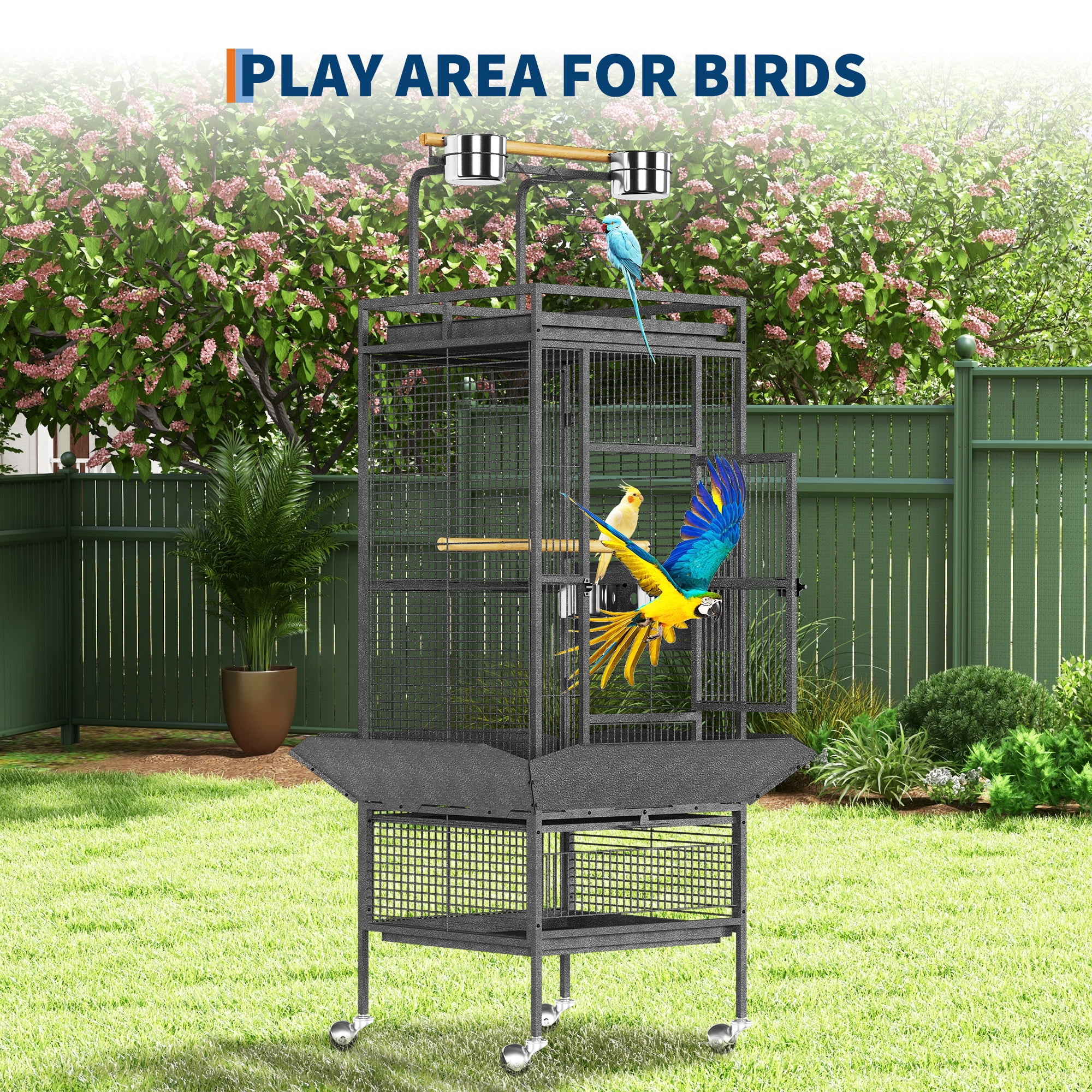 61" Cockatiel Cage, Flight Cage with Rolling Stand, Play Top & Bowls - Metal Large Bird Cages for Parakeets, Conures, Parrots - Exploding Silver