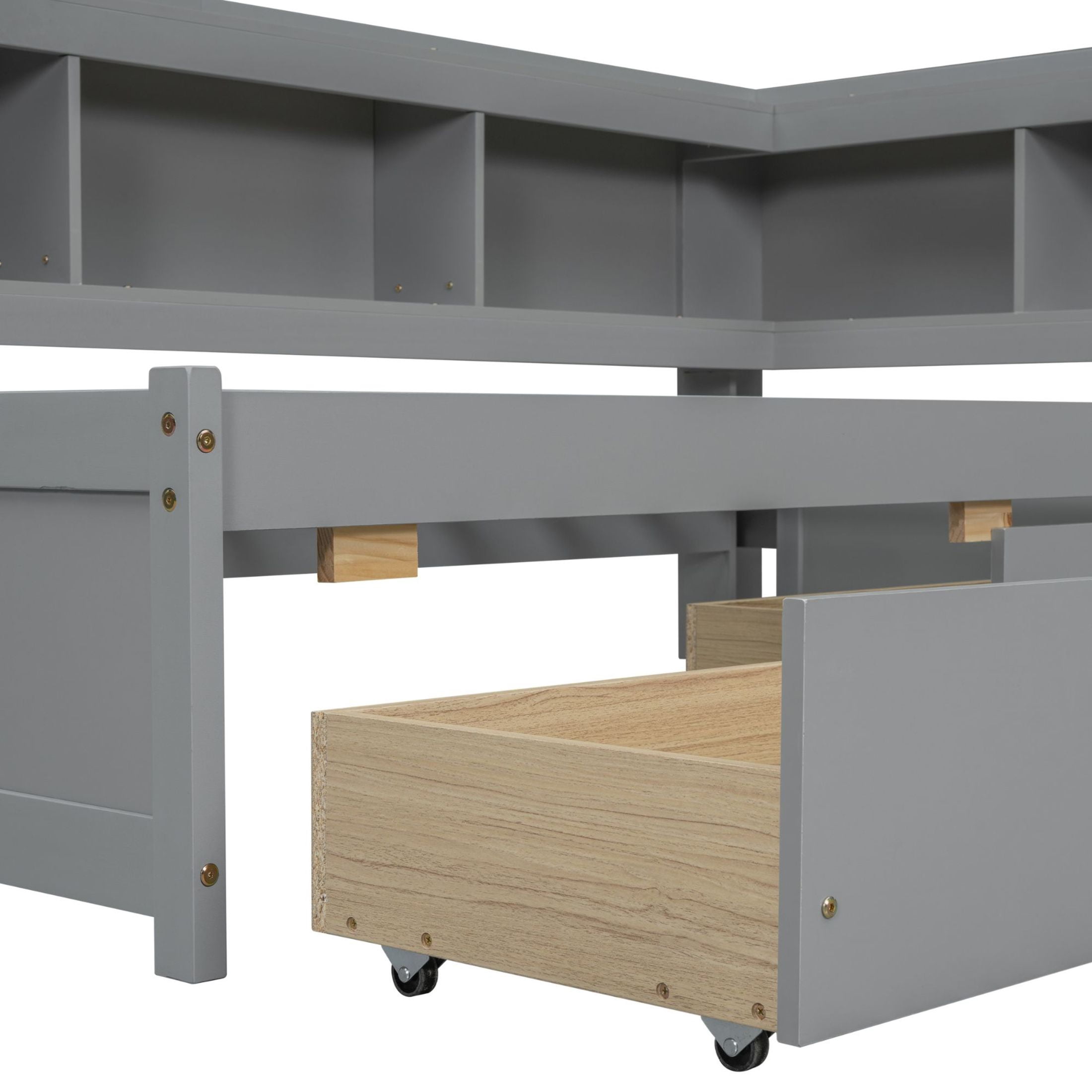 Noble House Twin L-Shaped Bookcase Bed, Pine Wood Frame with Power Outlets, Storage Drawers & Headboard Shelves, Grey