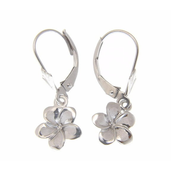 14K solid white gold Hawaiian 11mm plumeria flower leverback earrings