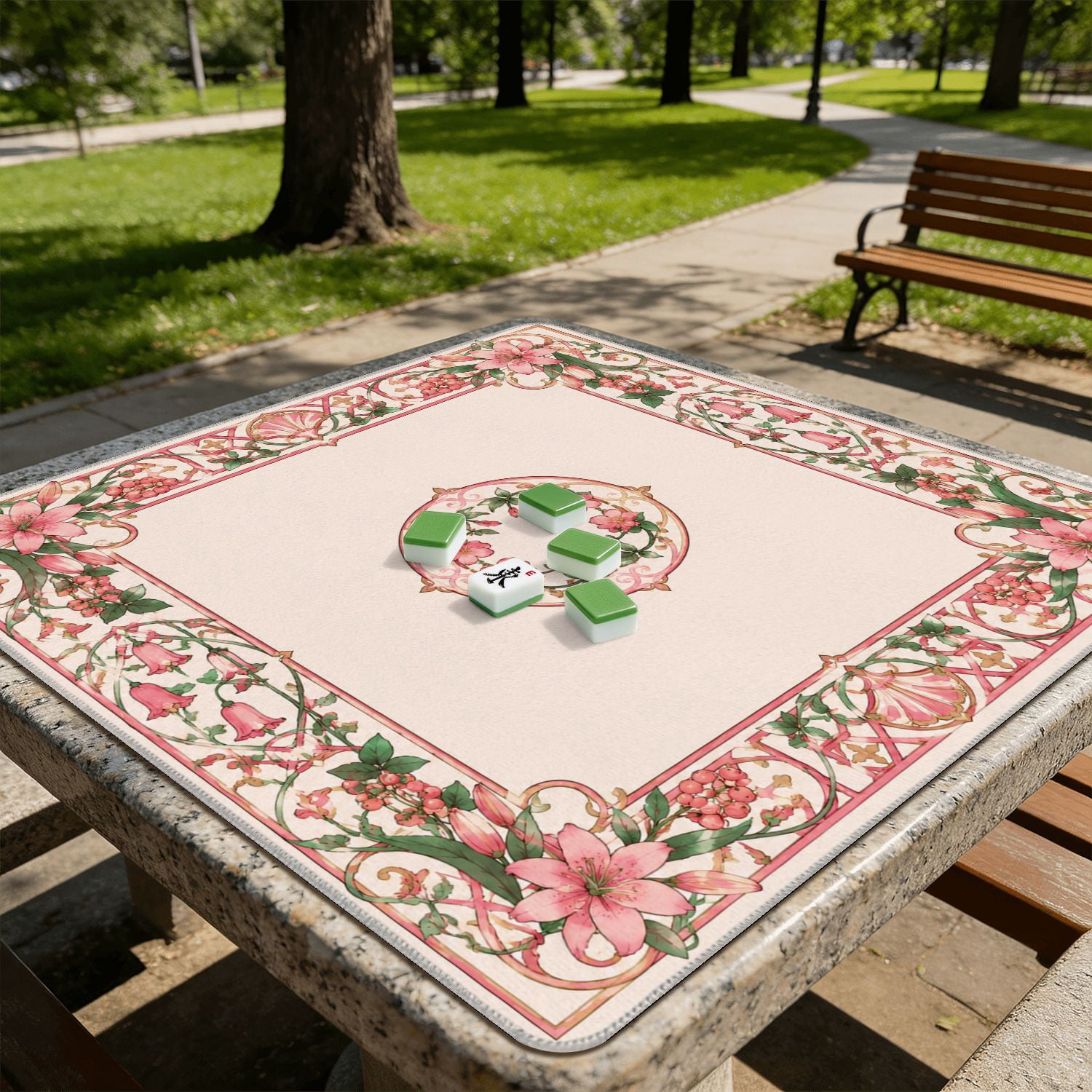 Mahjong Mat 31.5" x 31.5" Pink Floral Wreath Ornamental Border Non-Slip Noise Reduction American Mahjong Tiles Table Cover for Dominoes Poker Card Board Games Gift