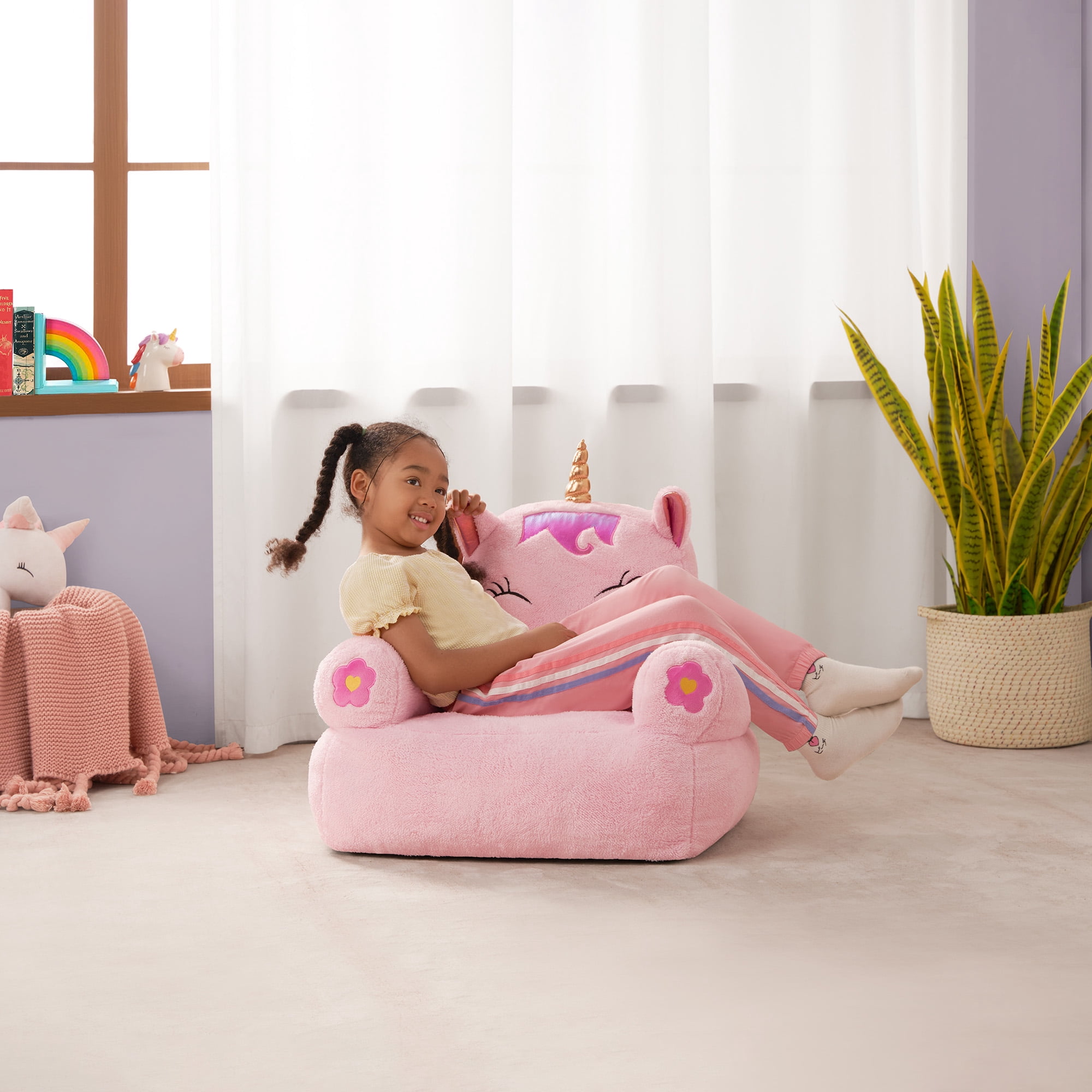 Lounge & Co Kids Unicorn Large Foam Filled Bean Bag Chair, Pink Plush, 25" W x 20" D x 23" H