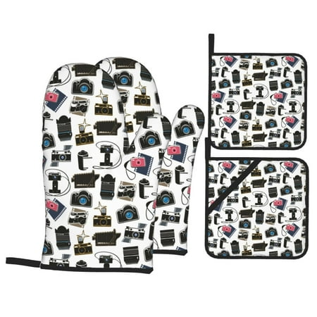 

Oven Mitts and Pot Holders 4 pcs Set cool camera Heat Resistant Pot Holders Oven Mitts for kitchen Non-Slip Hanging Loop Oven Glove Potholders for Baking Cooking