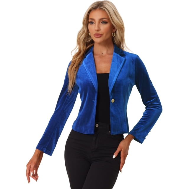 Chaqueta De Traje De Oficina De Negocios Con Solapa Y 1 Botón De Terciopelo Para Mujer Azul XL