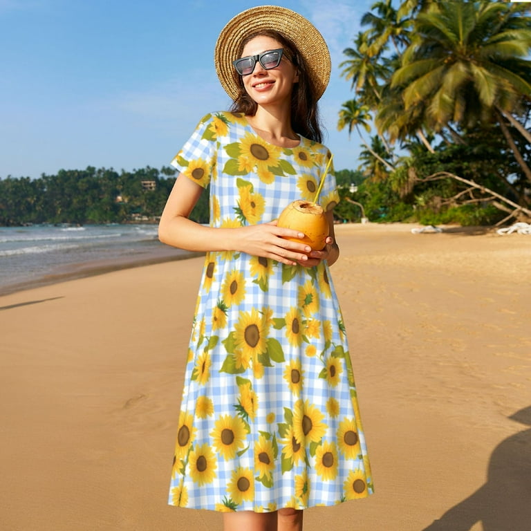 Uemuo Blue White Plaid Sunflower Print Womens Summer Dress Casual Swing  Short Sleeve Sundresses Beach A-line Shift Dress - Walmart.com