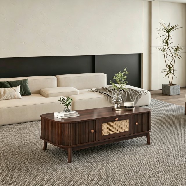 Wicker Rattan Coffee Table with Sliding Doors & Wood Legs Natural Style