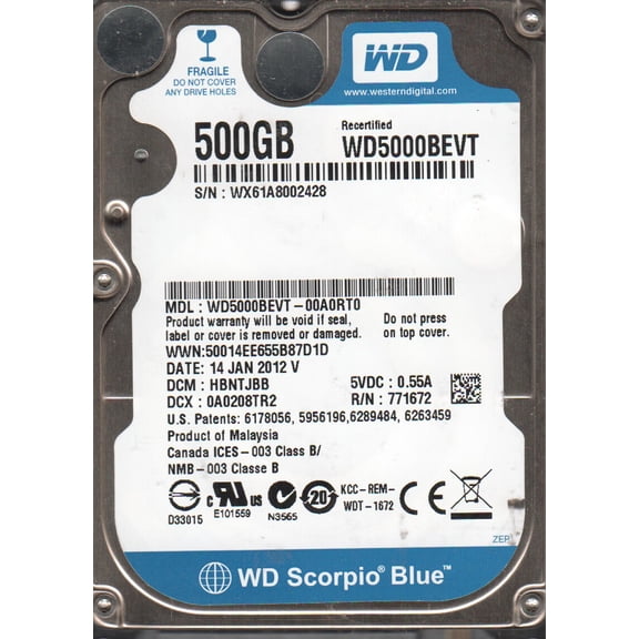 WD5000BEVT-00A0RT0, DCM HBNTJBB, Western Digital 500GB SATA 2.5 Hard Drive