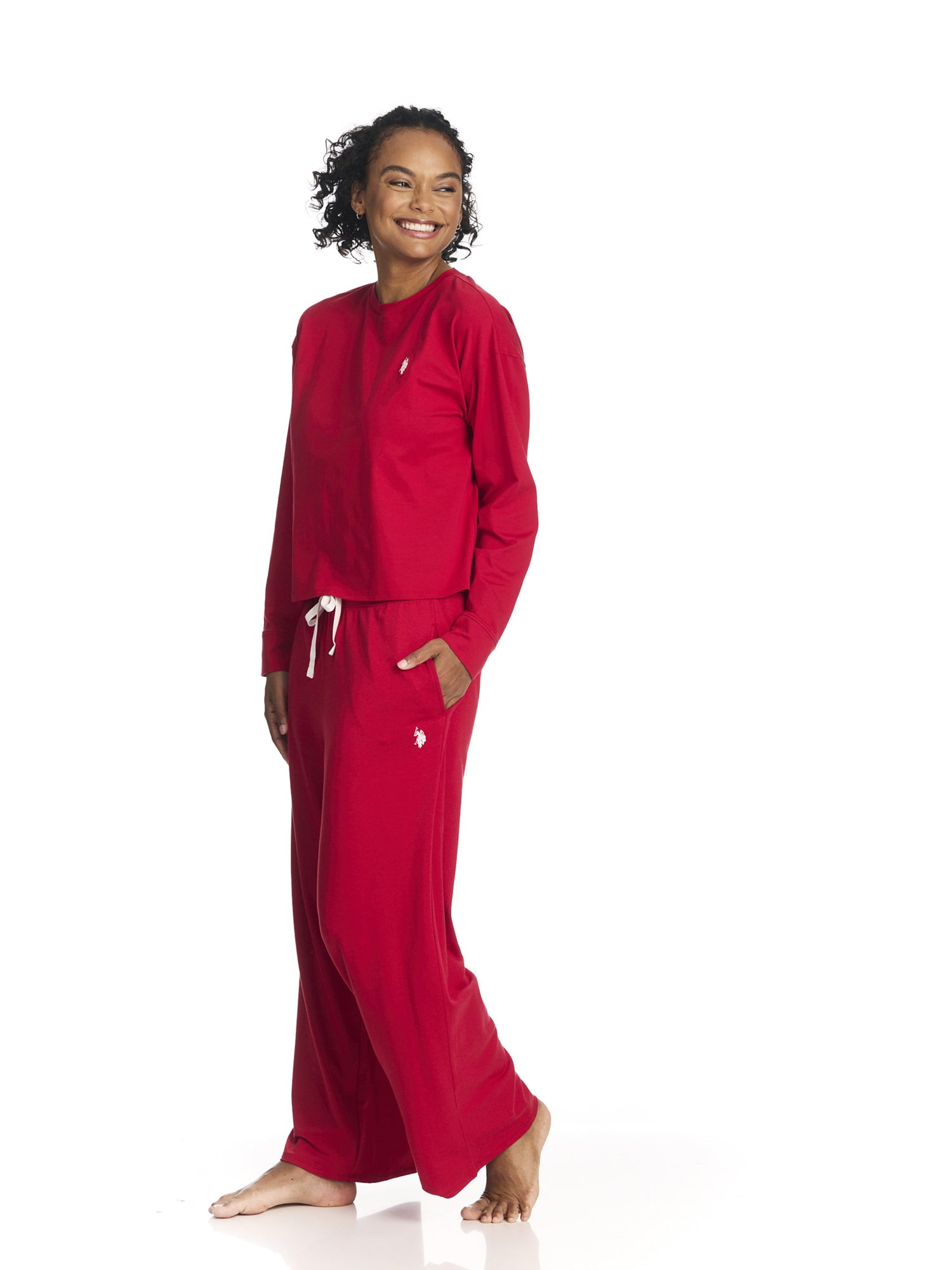 U.S. Polo Assn. Women's Long Sleeve Cotton Span Top and French Terry Wide Leg Pant Pajama Sleep Set, 2-Piece, Sizes S-3X