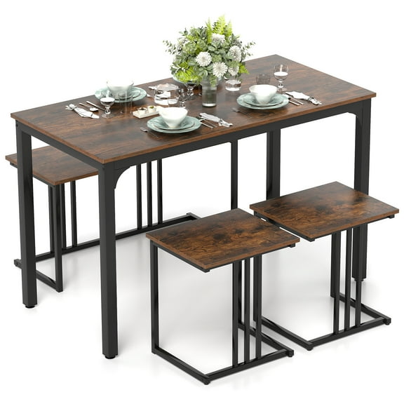 Gymax 4-Piece Dining Table Set Industrial Kitchen Table Set w/ Bench & 2 Stools for 4