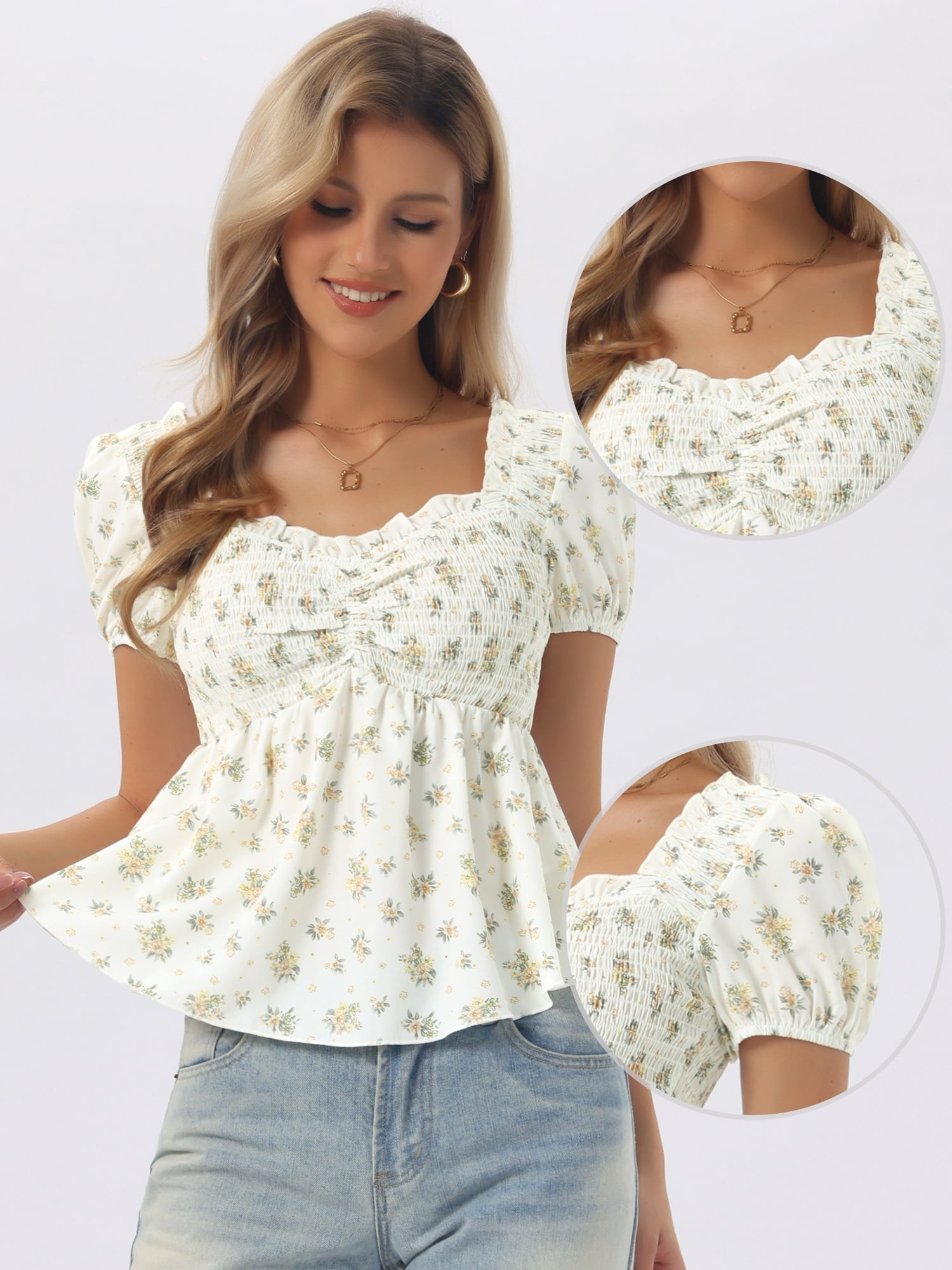 DARING DIVA Women's Puff Sleeve Floral Sweetheart Neck Ruffle Peplum Top M Beige