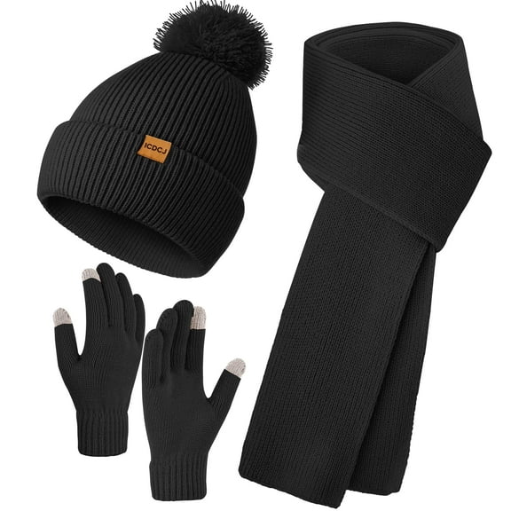 REDESS Beanie Hat and Gloves Scarf Winter Set for Women,Beanie Hat Touch Screen Gloves Long Scarf Set for Women,Black