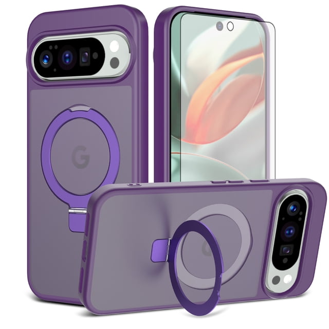 Asuwish Phone Case for Google Pixel 9 Pro XL/10 Pro XL Tempered Glass Screen Protector Magnetic Bracket stand Translucent Shockproof Protective Cell Cover Pixel9ProXL Pixel10PXL Women Men Deep purple
