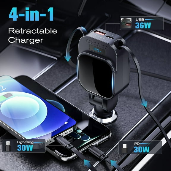 Retractable Car Charger, 4 in 1 Fast Charging 96W, Cigarette Lighter Adapter 2 Retractable iPhone Cables and USB C Car Charger for Women Men