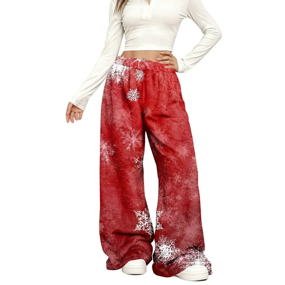 Women's Casual Fashion Christmas Print Elastic Waist Loose Plush Wide Leg Pants, Comfortable Home and Sleepwear Bottoms for Winter, Warm and Cozy Lounge Pants, Red, M