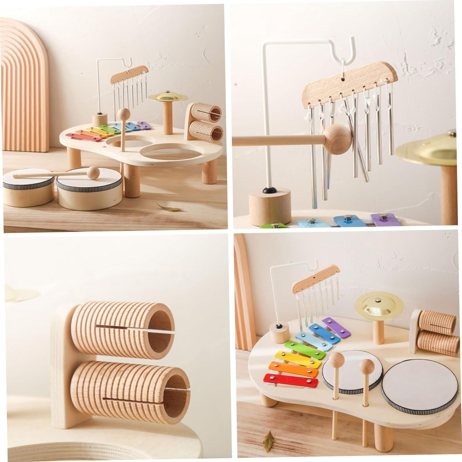 Kids Drum Set 5 in 1 Wooden Toddler Drum Set Educational Kids Musical Instruments Baby Safe Enlightening Percussion Instruments for Birthday (1Set)