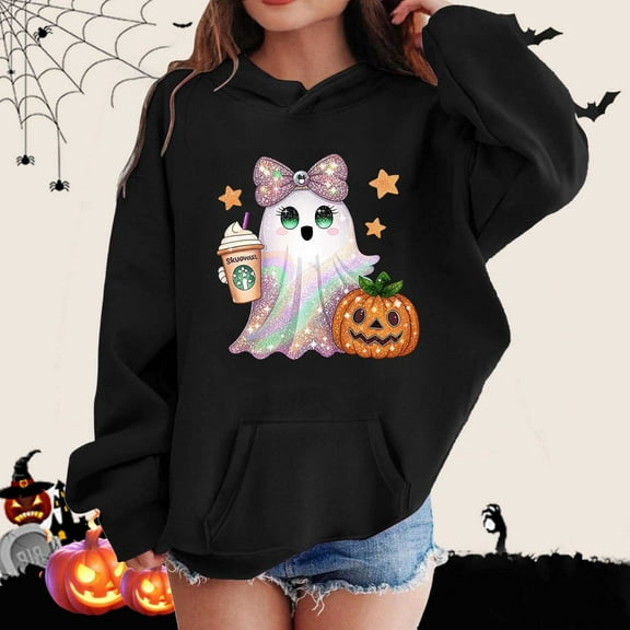 ZHOGXU Kids Halloween Boys Girls Hoodies With Pocket Long Sleeve Ghost Pumpkin Print Fashion Comfortable Sweatshirt For Casual Daily Wear Black 3-4 Years