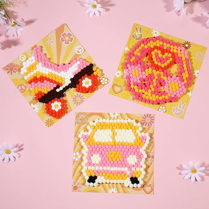 CORNER LACE Groovy Theme DIY Pom Pom Art Set for Kids Age 3-6 Years Old 3 Pieces - Fun Arts and Crafts, Sensory Activity Creativity Birthday Christmas Gift Includes 3 Patterns