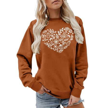 FYEGRE Thanksgiving Sweatshirt for Women Pumpkin Heart Print Long Sleeve Shirt Casual Fall Autumn Pullover Top Brown XL