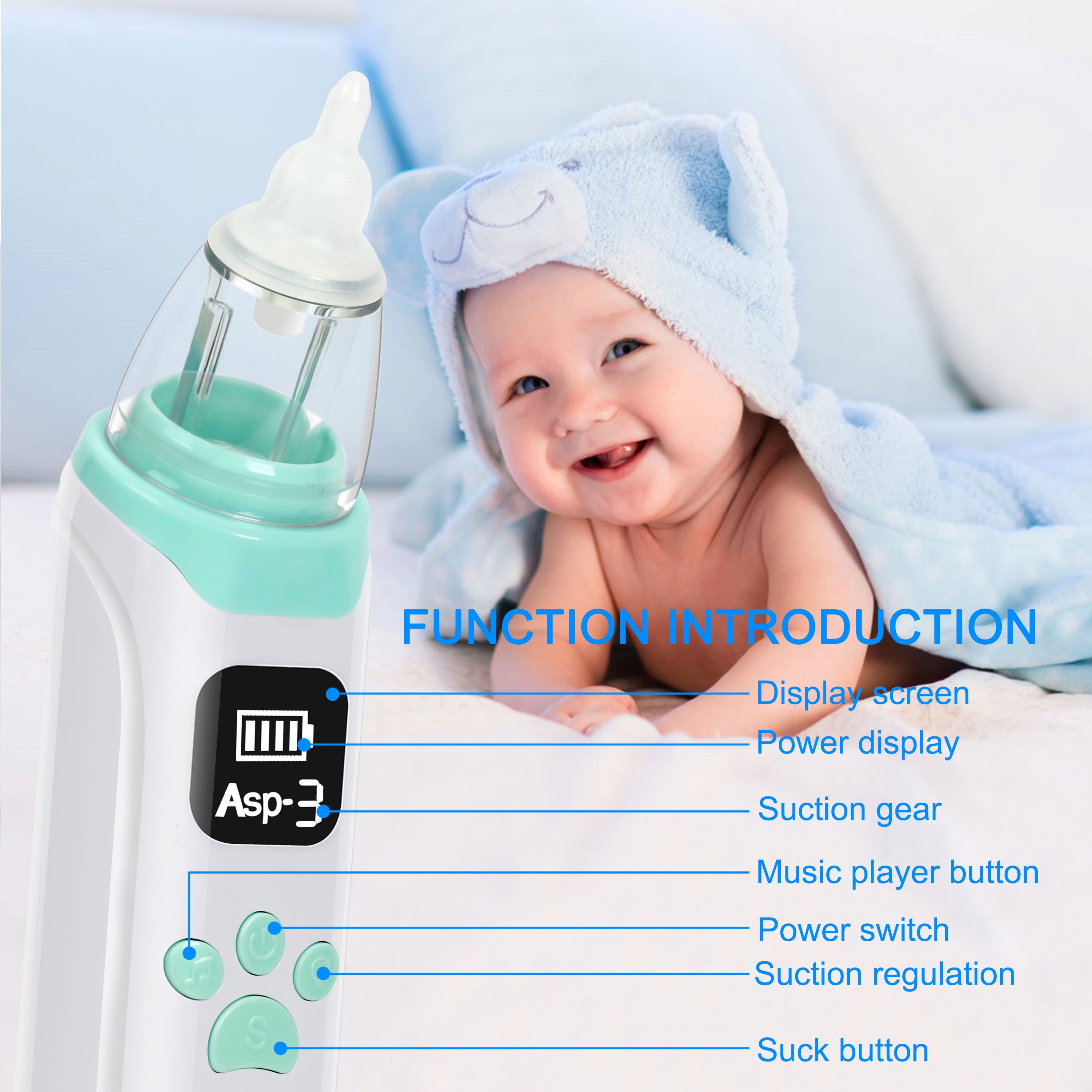 Rechargeable Nasal Aspirator for Baby, Electric Nose Sucker for Infants ,Automatic Nose Cleaner for Toddler,with Music & Colorful Lights,3 Strength Suction Levels