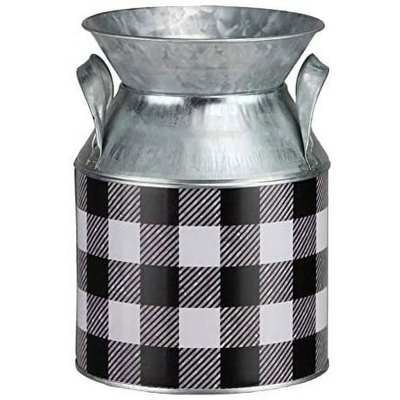 Buffalo Plaid Metallic Milk Jug - 5" Diameter, 7" Tall, Farmhouse Kitchen, Black & White, Christmas