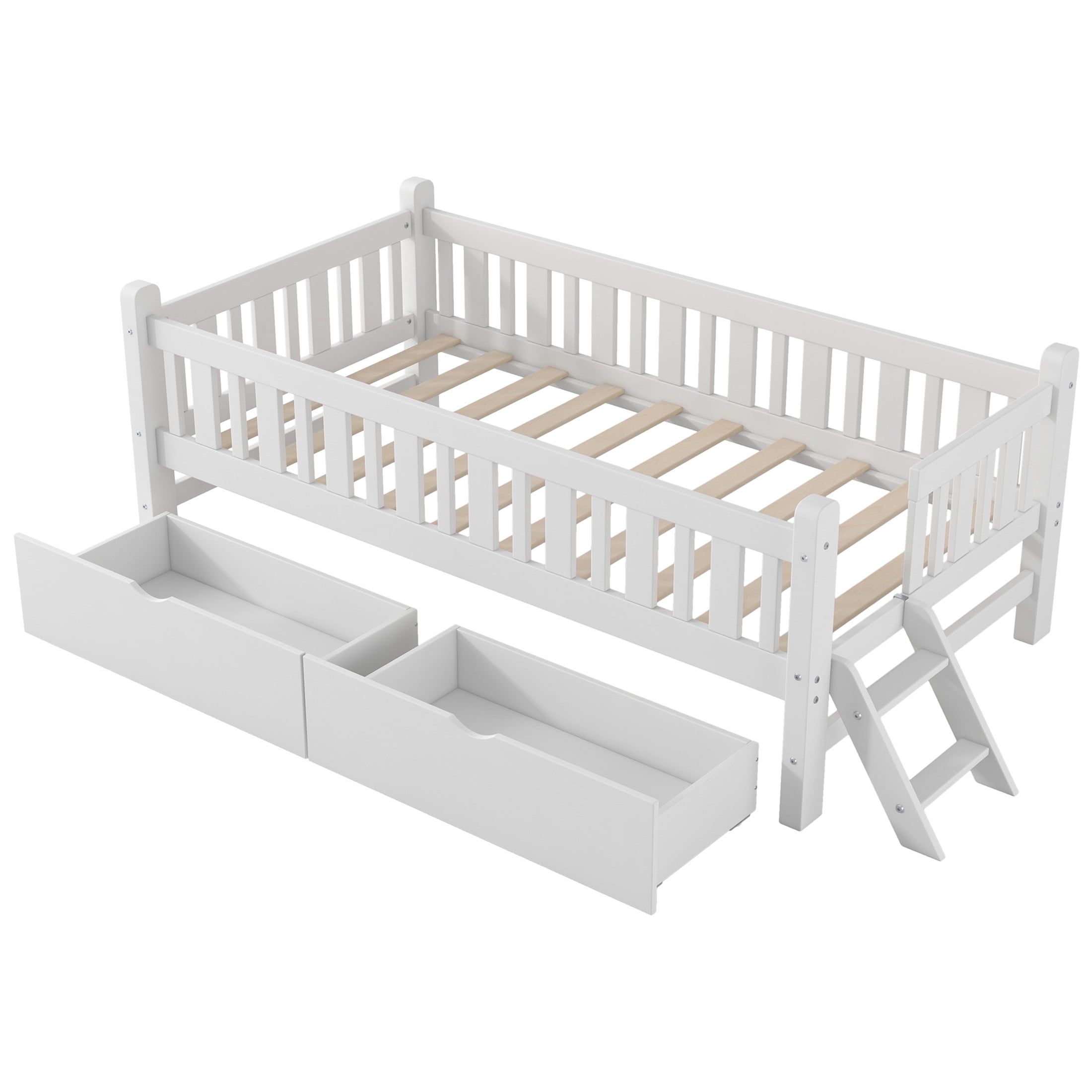 Noble House Wood Twin Platform Bed, Semi-Enclosed Fence Guardrail Bed with Storage Drawers, Solid Pine Wood, White