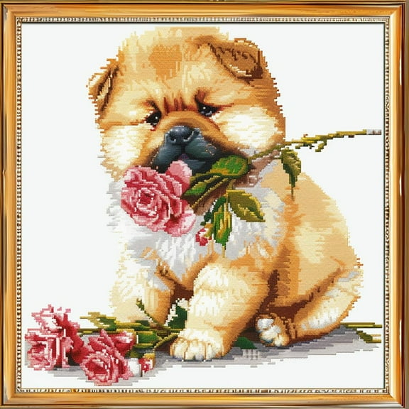 Cute Chow Puppy with Flowers DIY 11CT Stamped Cross Stitch Kits for Beginners Easy Needlepoint Embroidery Counted Cross Stitch Art Craft for Wall Decoration 14x14inch(2)